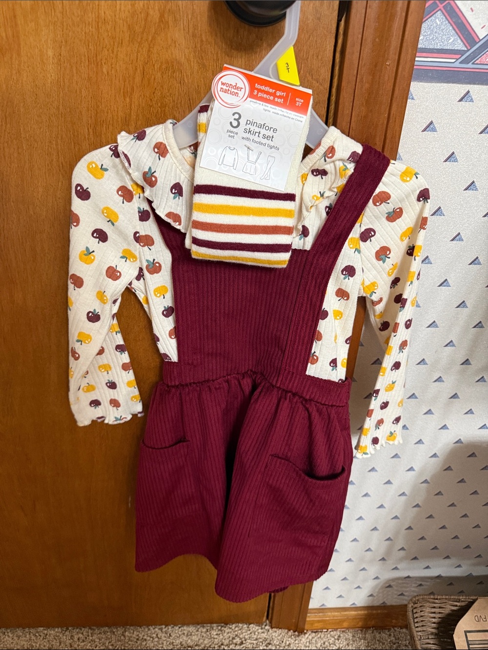 wonder nation Burgundy Pinafore Skirt Set with Cream Apple Top & Striped Tights